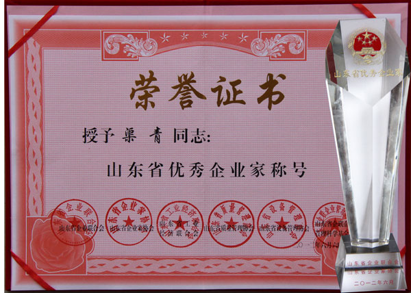 /热烈祝贺山东中煤工矿集团董事长兼总经理渠青同志荣获“山东省优秀企业家”荣誉称号/